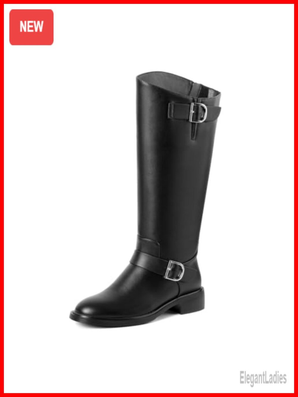 Women's Moto Biker Knee High Boots Faux Leather Buckle Tall Riding Boots